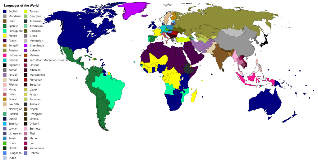 World map with highlighted regions where seven easy travel languages are spoken.