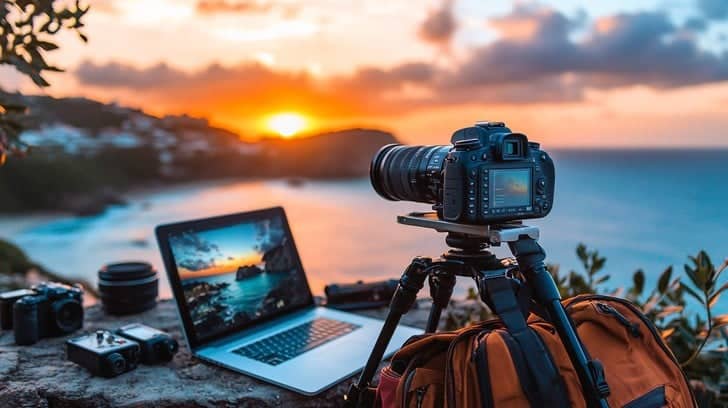 Photography gear ready at sunrise, capturing the best sunrise spots.